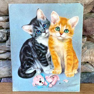 VTG Lithograph Kittens Print Girard MCM 60s Cats Cardboard Nursery Art